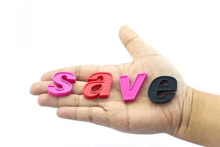 A woman hand holding a alphabet save on white backgroundの写真素材