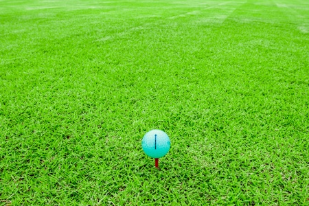 golf ball on a tee in green grass courseの写真素材