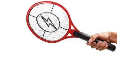 hand holding mosquito killing racket over white background with clipping pathの写真素材