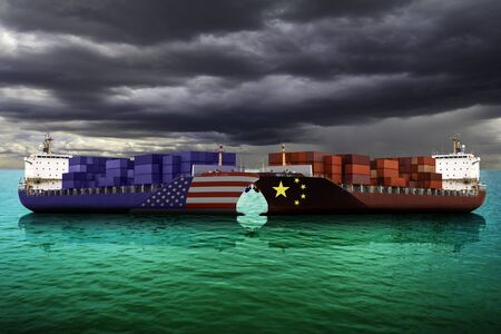United States of America and China trade war tariffs as two opposing cargo ships as an economic taxation dispute over import and exports conceptの写真素材