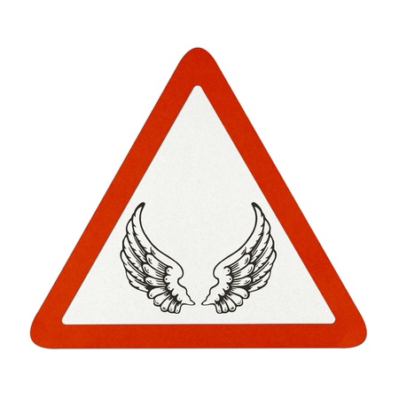 Angel wings traffic sign recycled paper on white background.の写真素材