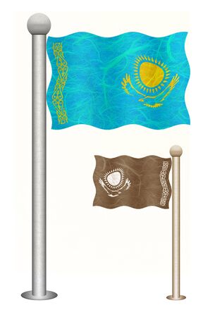 Kazakhstan flag waving on the wind. Flags of countries in Asia. Mulberry paper on white background.の写真素材
