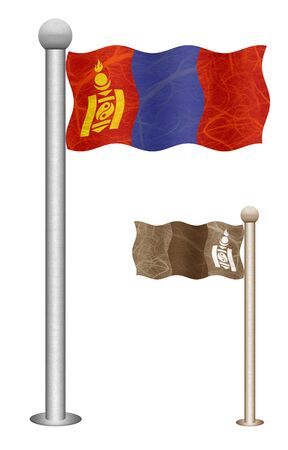 Mongolia flag waving on the wind. Flags of countries in Asia. Mulberry paper on white background.の写真素材