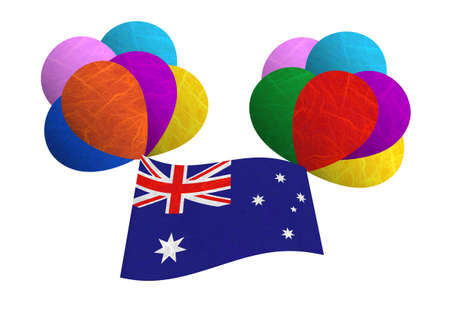 Australia flag balloon on the wind. Mulberry paper on white background.の写真素材