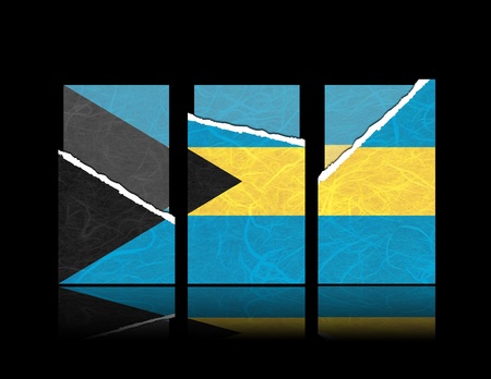 Bahamas flag of tear paper with gift cards. Mulberry paper on black background.の写真素材