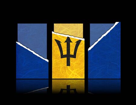Barbados flag of tear paper with gift cards. Mulberry paper on black background.の写真素材
