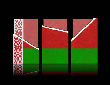 Belarus flag of tear paper with gift cards. Mulberry paper on black background.の写真素材