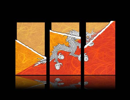 Bhutan flag of tear paper with gift cards. Mulberry paper on black background.の写真素材