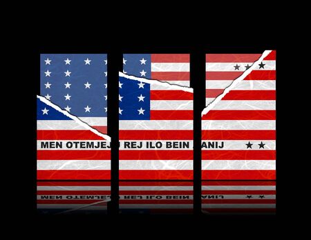 Bikini Atoll flag of tear paper with gift cards. Mulberry paper on black background.の写真素材