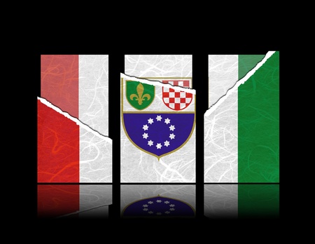 Bosnia and Herzegovina Federation flag of tear paper with gift cards. Mulberry paper on black background.の写真素材