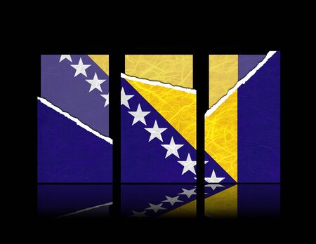 Bosnia and Herzegovina flag of tear paper with gift cards. Mulberry paper on black background.の写真素材