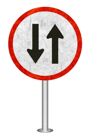 Opposite traffic sign recycled paper on white background.の写真素材