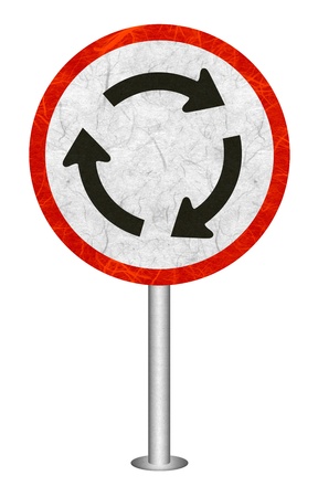 Roundabout Ahead traffic sign recycled paper on white background.の写真素材