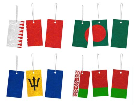 Nation Flag. Tag recycled paper on white background. ( Bahrain , Bangladesh , Barbados , Belarus ) の写真素材