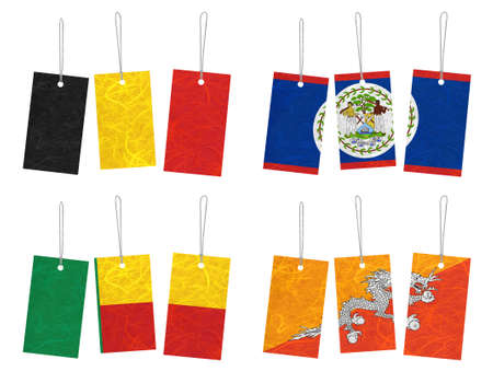 Nation Flag. Tag recycled paper on white background. ( Belgium , Belize , Benin , Bhutan ) の写真素材