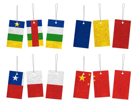 Nation Flag. Tag recycled paper on white background. (Central African Republic, Chad, Chile, China) の写真素材
