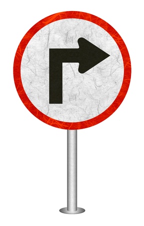Turn Right traffic sign recycled paper on white background.の写真素材