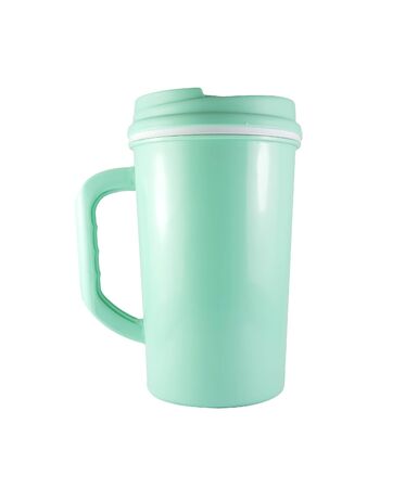 Side view of a closed green sport plastic water bottle. Image isolated on white studio background. の写真素材