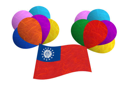 Myanmar flag balloon on the wind. Mulberry paper on white background.の写真素材