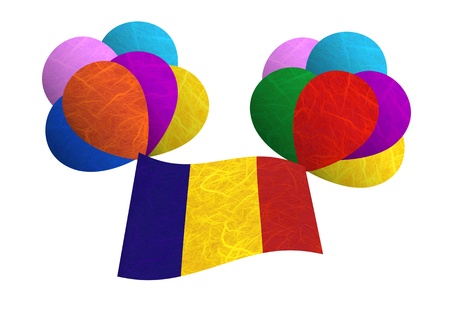Romania flag balloon on the wind. Mulberry paper on white background.の写真素材