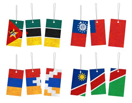 Nation Flag. Tag recycled paper on white background. ( Mozambique , Myanmar , Nagorno-Karabakh Republic , Namibia )の写真素材