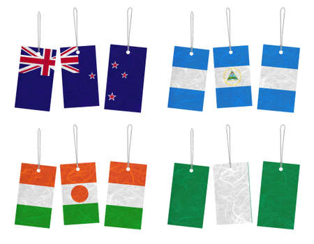 Nation Flag. Tag recycled paper on white background. ( New Zealand , Nicaragua , Niger , Nigeria )の写真素材