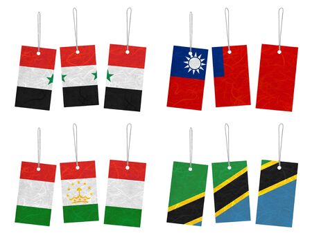 Nation Flag. Tag recycled paper on white background. ( Syria , Taiwan, Tajikistan , Tanzania)の写真素材