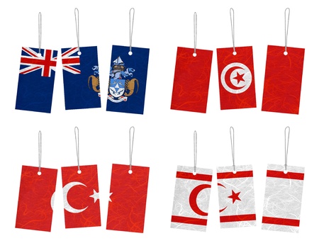 Nation Flag. Tag recycled paper on white background. ( Tristan da Cunha , Tunisia , Turkey , Turkish Republic of Northern Cyprus )の写真素材