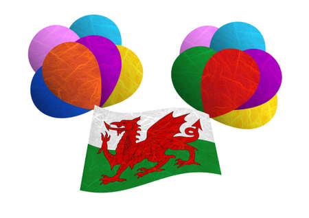 Wales flag balloon on the wind. Mulberry paper on white background.の写真素材