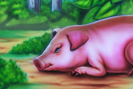 Painting in thailand temple that there are a lot story of animal on the wall, Pig.のeditorial素材