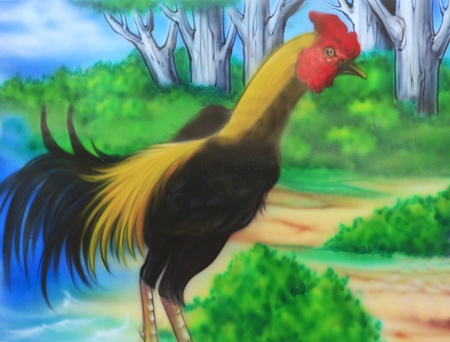 Painting in thailand temple that there are a lot story of animal on the wall, Chicken.のeditorial素材