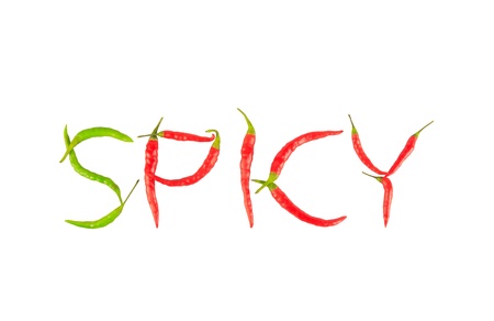 Fresh and dried chili peppers isolated on white background, created is the  SPICY  word  の写真素材