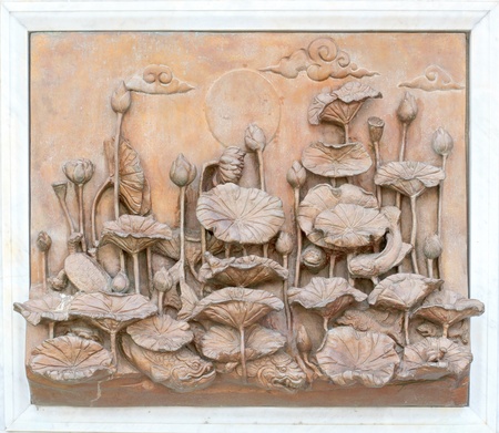 Antique exquisite carving Thai wooden wall at Thai temple, Bangkok, Thailand.のeditorial素材