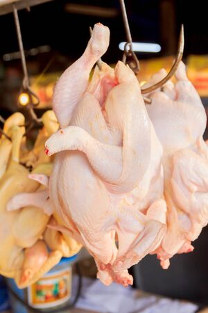 Chickens was hanging in the market for sell.の写真素材