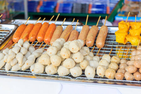 Meatball skewers placed and sold in a variety of markets.の写真素材