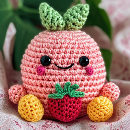 A Picture of a Crocheted Cute Strawberry, Pink background, Ai Generatedの素材