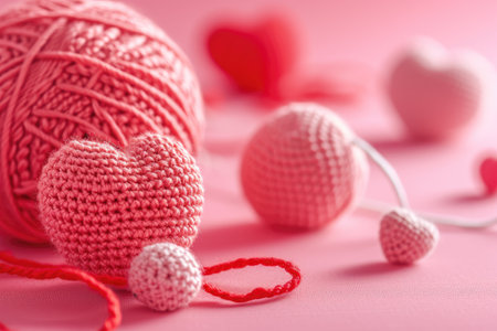 A Picture of a Crocheted Cute Heart, Pink background, Ai Generatedの素材
