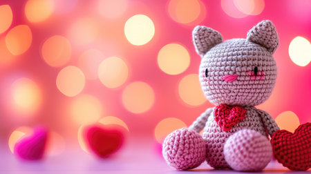 A Picture of a Crocheted Cute Cat, Pink background, Ai Generatedの素材