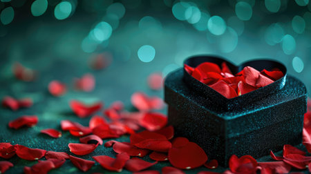 Heart shaped box with gifts and red rose petals on green background, modern candy layer, shiny and bright 50d cinestill, like canvas, dark emerald and red, wallpaper, vivid stage background, Ai Generatedの素材