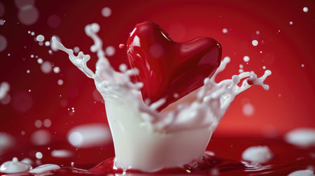 Red heart shaped milk splash, romantic food symbol for Valentine's Day, Ai Generatedの素材