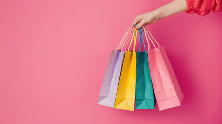 A lady's hand grasping a collection of colorful shopping bags, set on a pink background, Ai Generated.の素材
