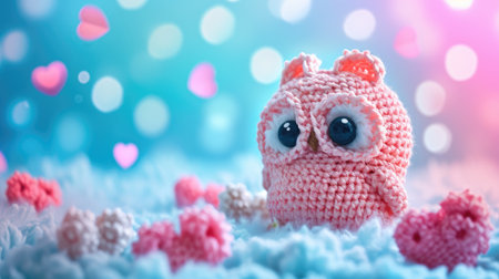 A Picture of a Crocheted Cute Owl, Blue background, Ai Generatedの素材