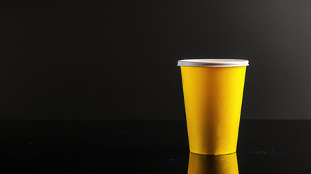 Side perspective of a yellow, empty disposable paper cup for fast food, isolated on a black background, Ai Generated.の素材