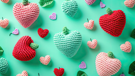 A Picture of a Crocheted Cute Heart, Green background, Ai Generatedの素材