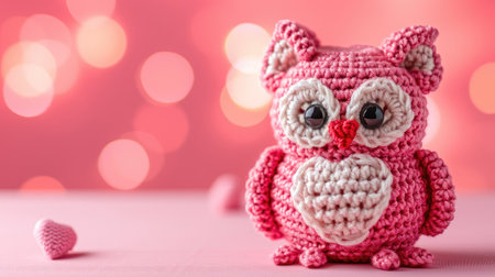 A Picture of a Crocheted Cute Owl, Pink background, Ai Generatedの素材