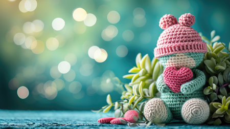 A Picture of a Crocheted Cute Bear, Green background, Ai Generatedの素材