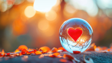 Love in Nature's Embrace: A Valentine's Day Background featuring a Glass Sphere with a Red Heart Symbol, set against a Beautifully Blurred Natural Background, Ai Generatedの素材
