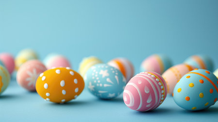 A vibrant array of colorful Easter eggs set against a blue backdrop, Ai Generated.の素材