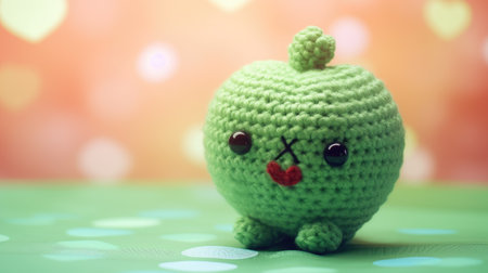 A Picture of a Crocheted Cute Apple, Green background, Ai Generatedの素材