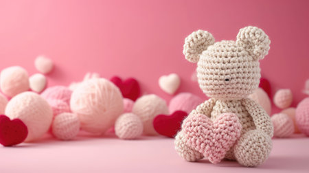 A Picture of a Crocheted Cute Bear, Pink background, Ai Generatedの素材